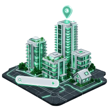 A vibrant isometric scene featuring 3-4 modern apartment buildings and a small house, set on a dark map with glowing emerald accents. A prominent search bar floats in front, along with a glowing pin,,