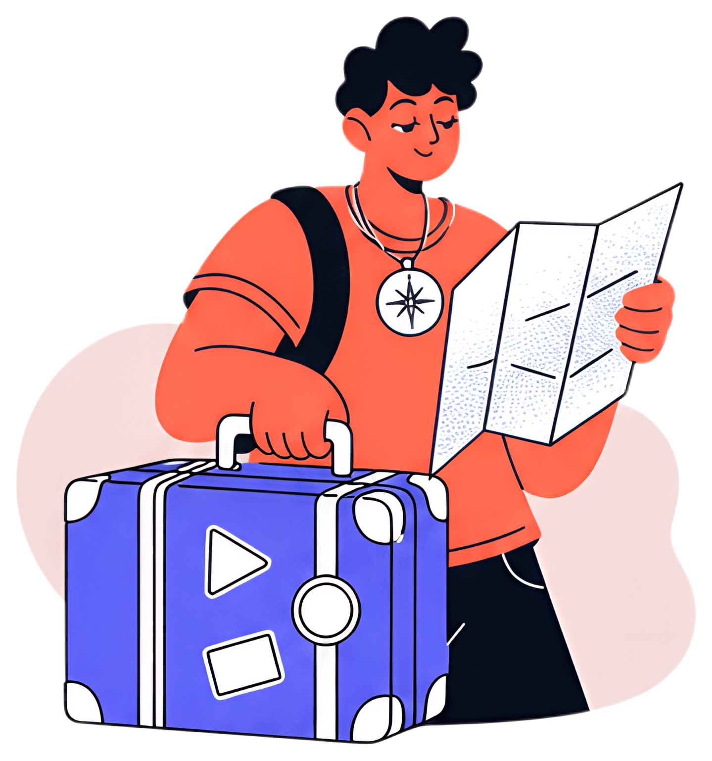 A cheerful traveler holds a vintage suitcase and a folded map while wearing a compass-shaped pendant. The traveler exudes excitement, dressed in an orange shirt and carrying a stylish blue suitcase, a