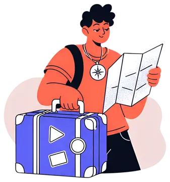 Smiling traveler with suitcase and map