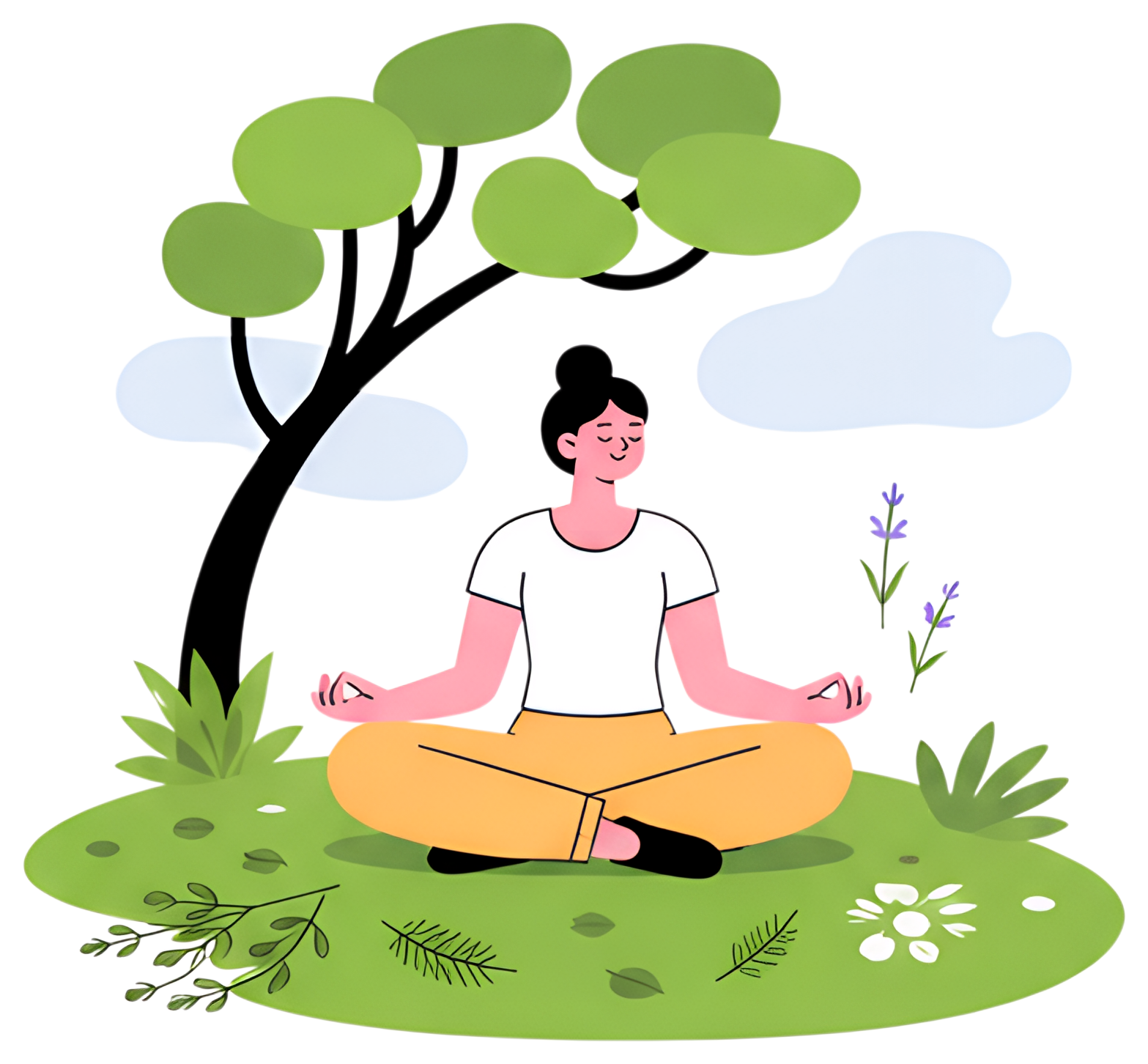 A person is meditating in a serene position on a grassy hill under a tree. The scene includes scattered herbs and leaves around them, with clouds softly floating in the background, creating a peaceful