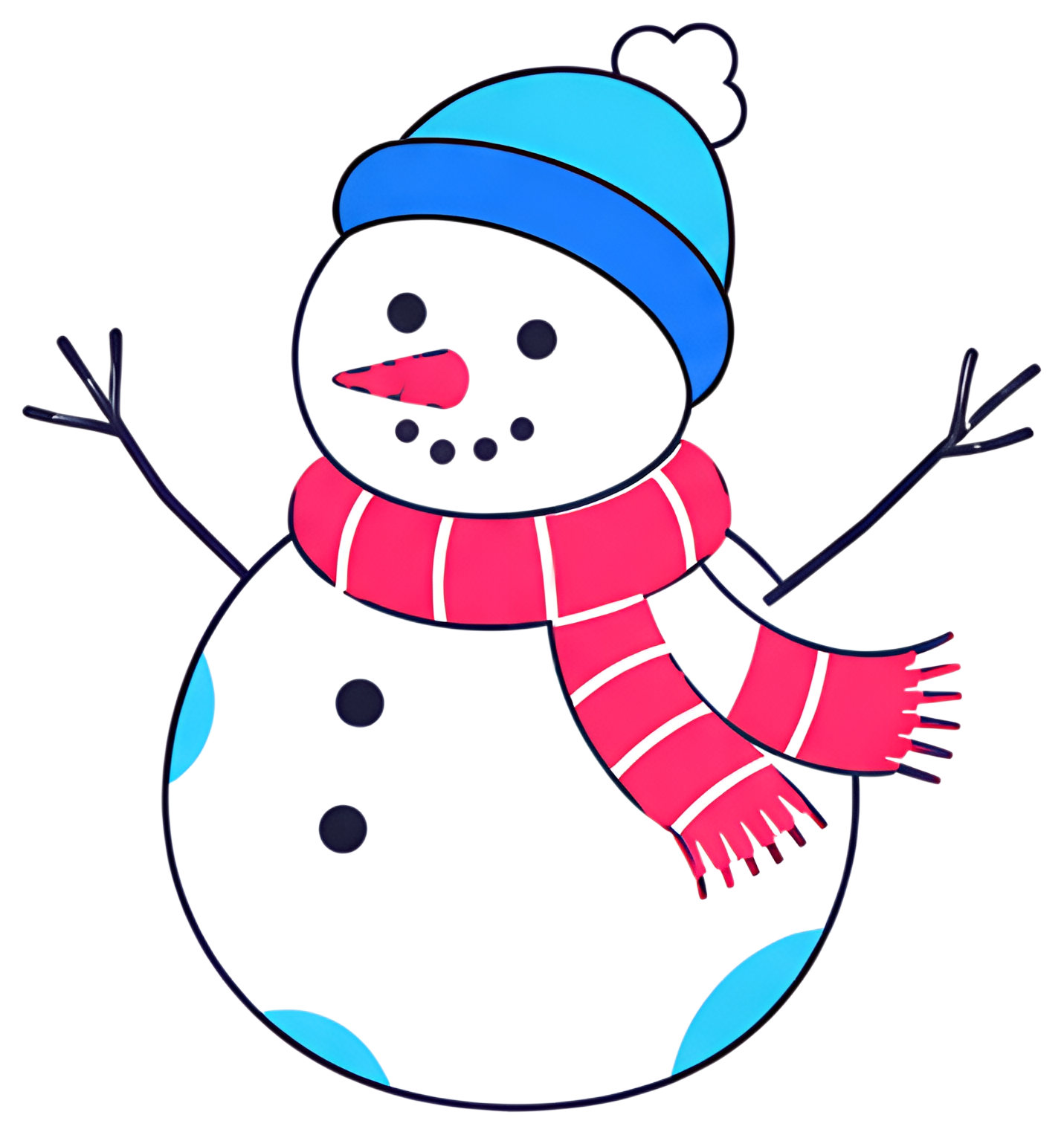 A cheerful snowman features a carrot nose and coal eyes, adorned with a bright blue hat and a pink striped scarf. The snowman has a friendly pose, with stick arms raised as if waving.