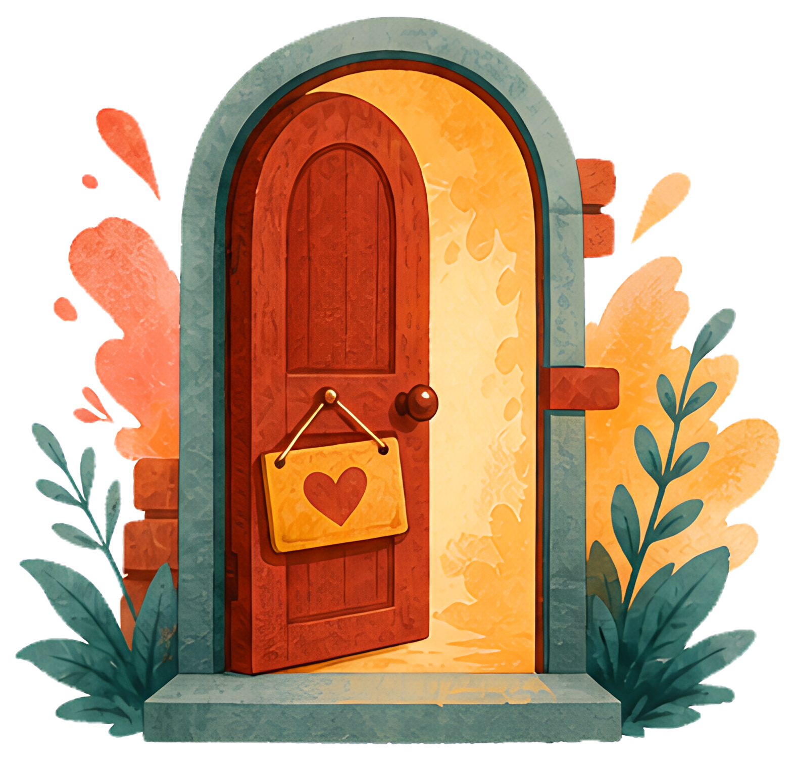 An inviting workshop door stands open, emanating warm yellow light. A heart-shaped sign hangs from the doorknob, while vibrant greenery and abstract orange shapes surround the entrance, enhancing its 