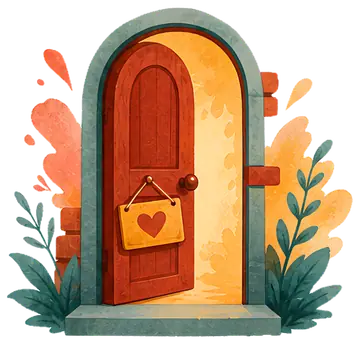 An inviting workshop door stands open, emanating warm yellow light. A heart-shaped sign hangs from the doorknob, while vibrant greenery and abstract orange shapes surround the entrance, enhancing its 