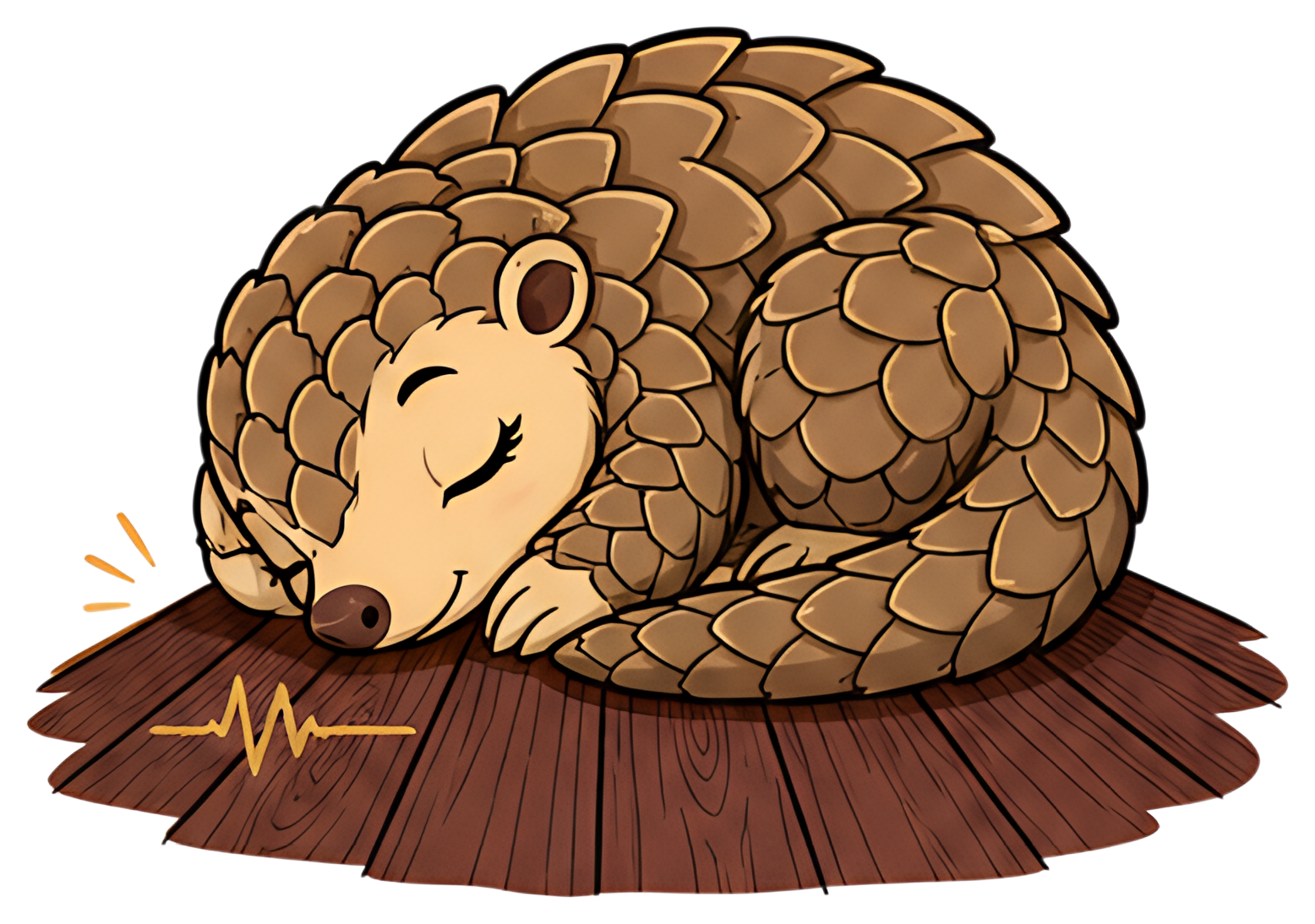 A cute pangolin with soft beige-brown scales curls up asleep on a wooden floor, resting one ear against the boards. The character has a calm, dreamy expression, surrounded by a warm cream and deep bur