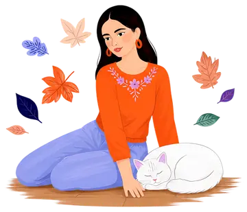 Girl Sitting with Cat and Floating Leaves