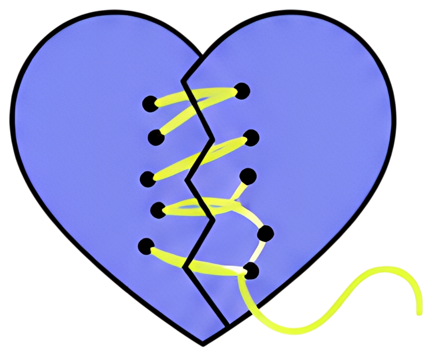 A purple heart with a prominent crack is being mended by a bright yellow thread, illustrating the theme of healing. Black stitches and a delicate needle enhance the visual narrative of restoration and
