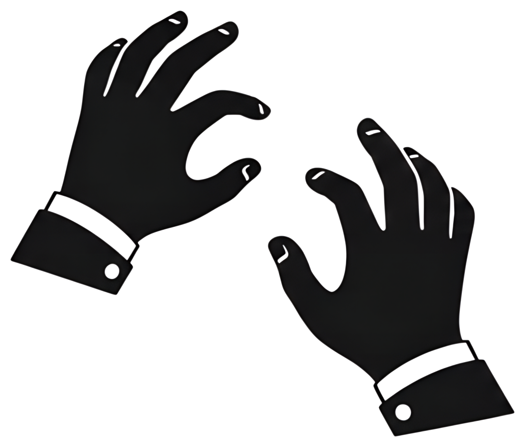 Two hands in a dynamic pose, one raised higher in a flowing motion, depicted in a clean flat sticker style. The hands are illustrated primarily in black with white highlights on the fingers and cuffs.