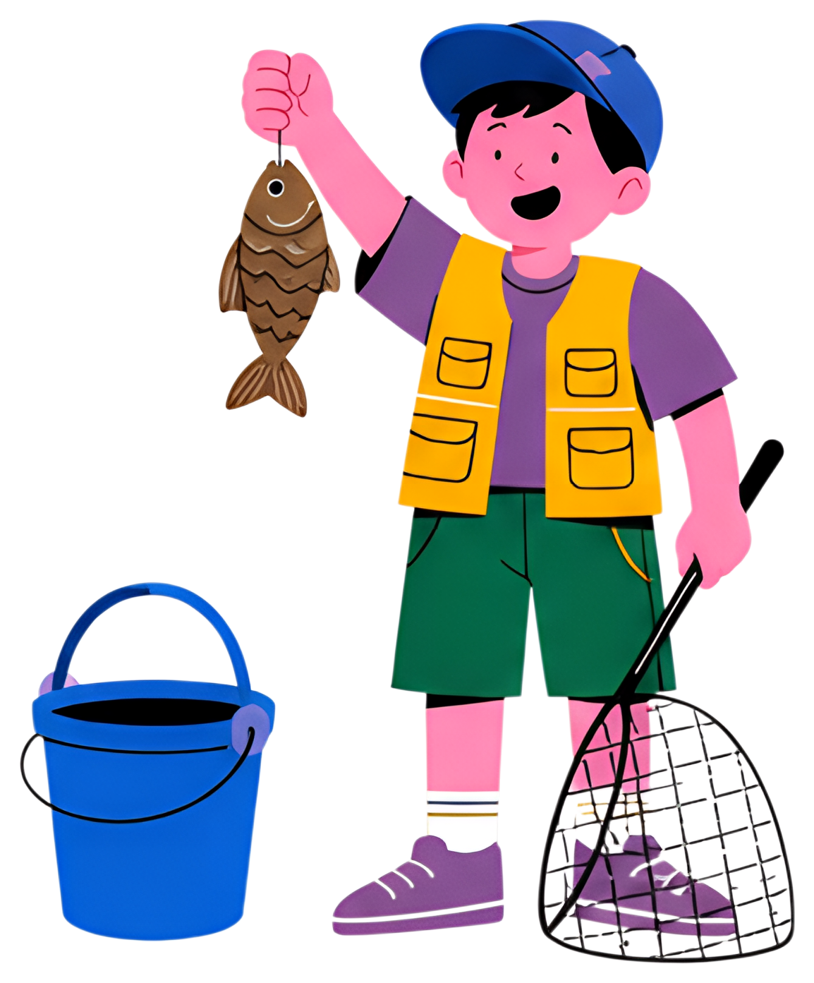 A cheerful child proudly holds up a small fish they have caught, wearing a yellow vest and standing next to a blue bucket and fishing net. The scene captures the excitement of fishing with bright, fun