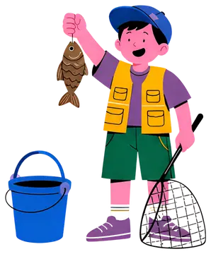 Joyful child fishing with a caught fish