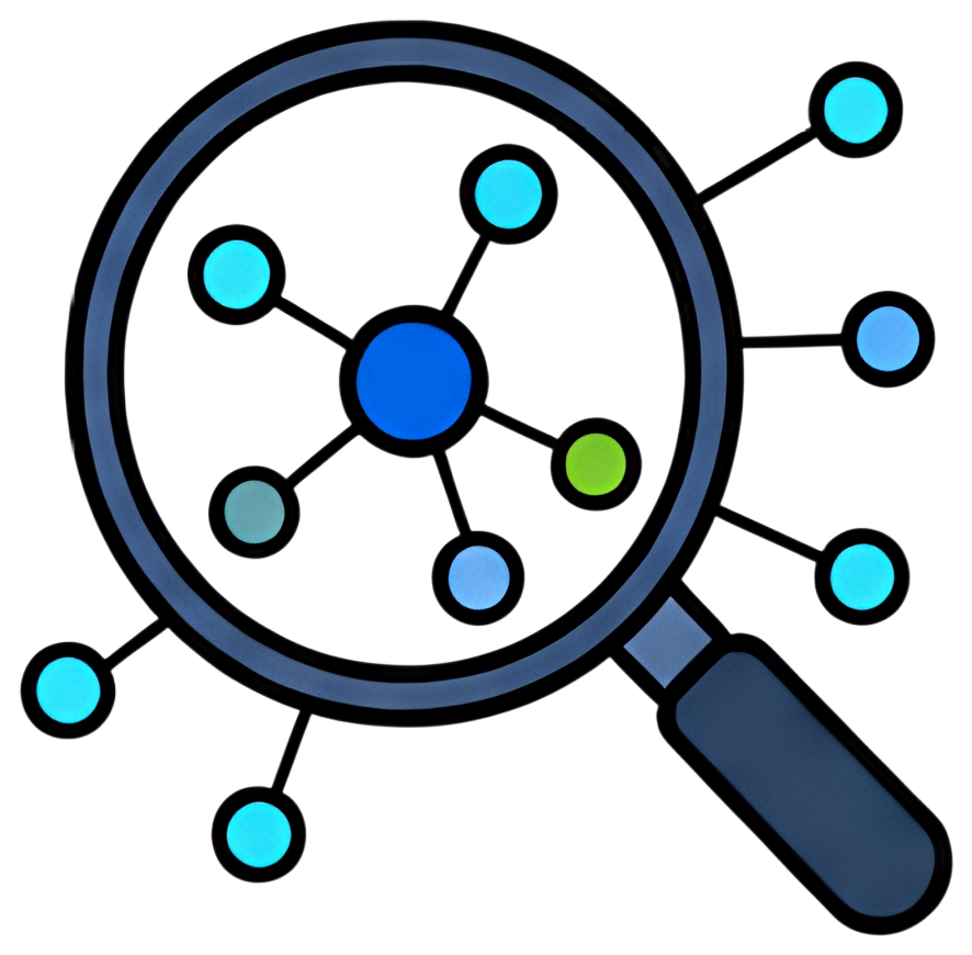 A magnifying glass hovers over a network of interconnected dots, featuring a variety of blue shades and a green dot prominently in the center. The illustration highlights the idea of searching or magn