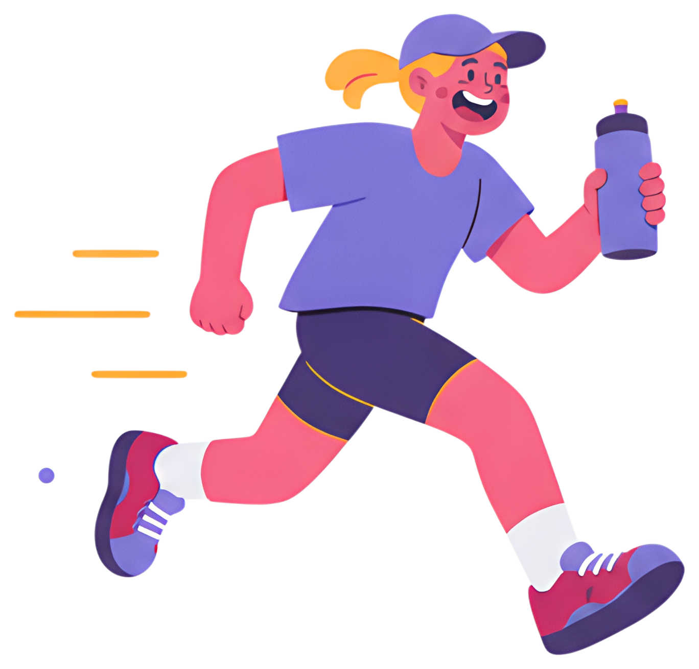 A cheerful character is mid-stride, holding a water bottle and smiling broadly, with motion lines trailing behind them. The vibrant colors and playful design emphasize their energetic movement and joy