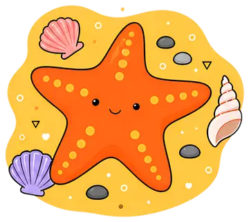A cheerful orange starfish with a smiling face rests on yellow sand surrounded by various seashells and small stones. The color palette is bright and playful, invoking a sunny beach atmosphere.