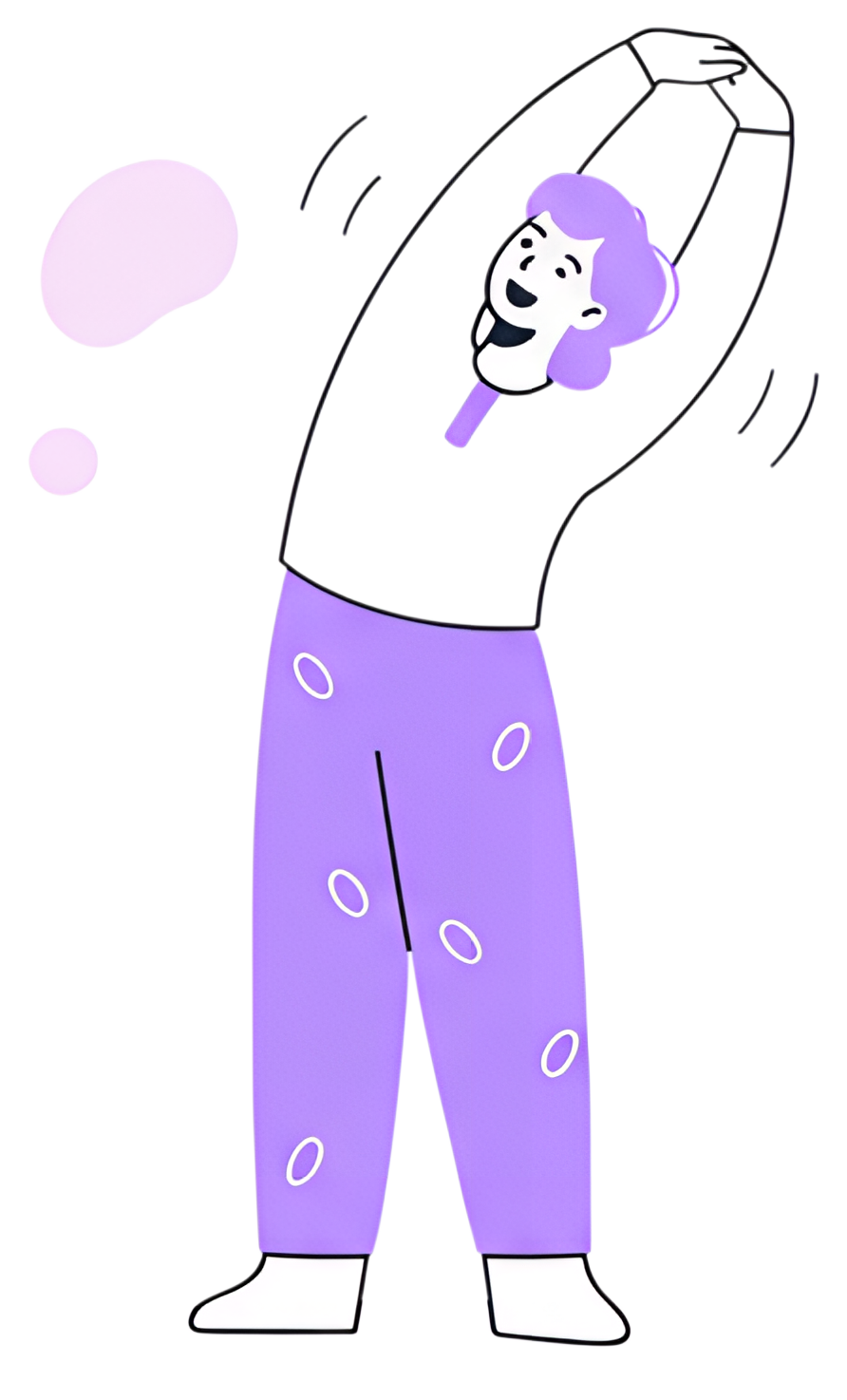 A cheerful freelancer stretches with a satisfied smile, wearing purple lounge pants with white dots. They have black and white features with a playful pink background bubble, emphasizing relaxation.