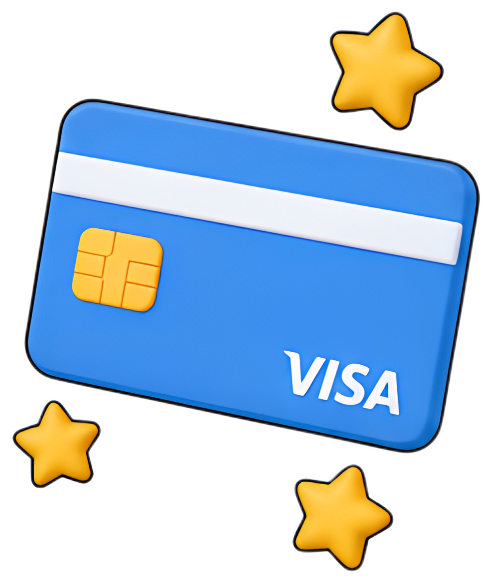 A blue Visa credit card prominently features the Visa logo and a yellow chip, surrounded by three flying stars in a cheerful yellow hue. The card design is sleek and modern, with a minimalist style.