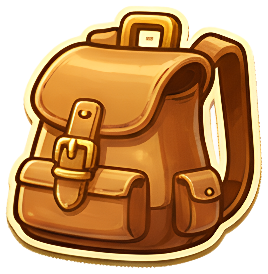 An open backpack icon with a detailed design featuring a buckle and straps, depicted in shades of brown and yellow. The backpack is stylized with a shiny finish, giving it a vibrant look suitable for 
