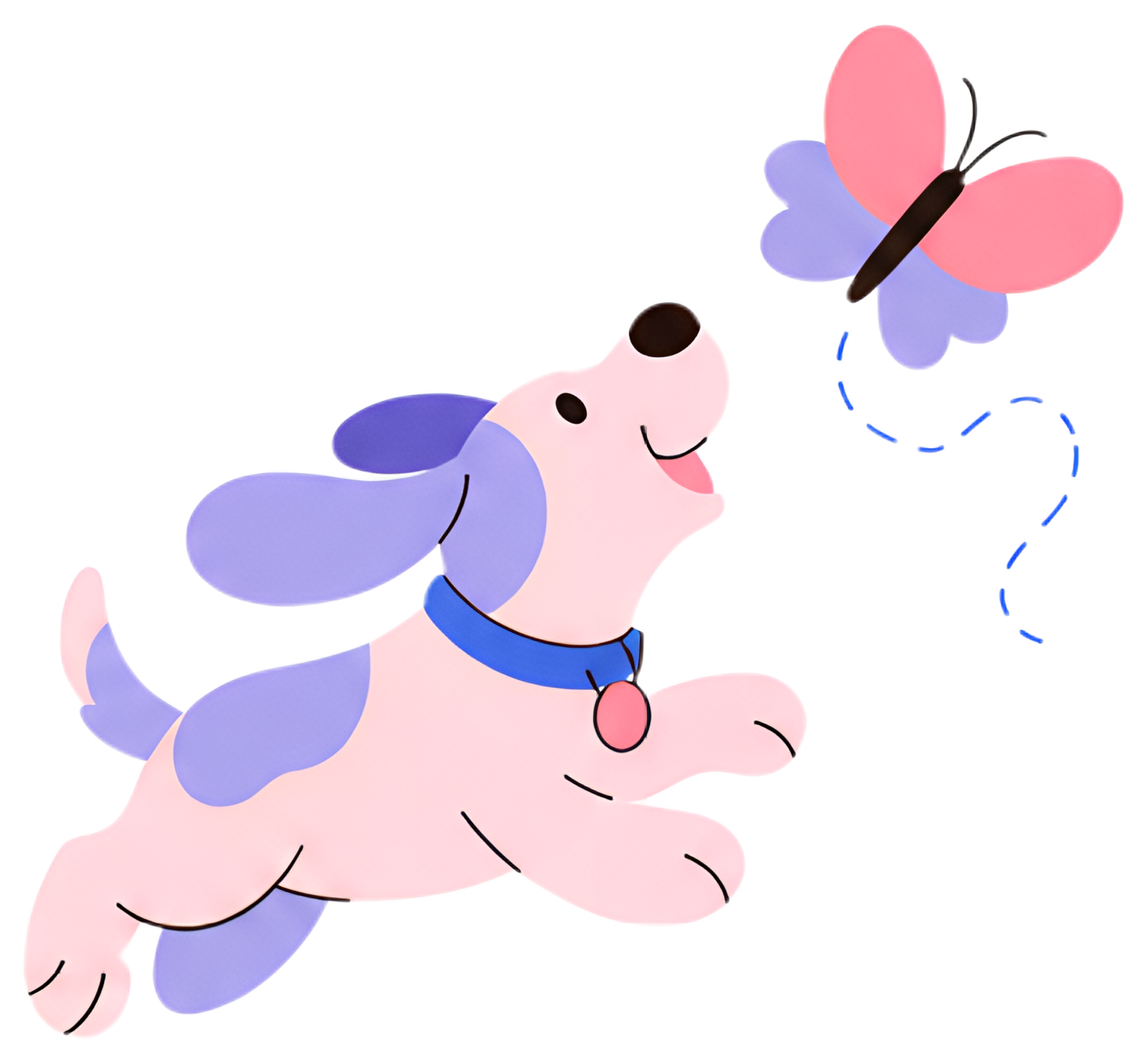 A cheerful puppy with pastel pink fur and purple spots leaps joyfully, trying to catch a butterfly that has delicate pink and purple wings. The puppy wears a blue collar and exudes a sense of play and