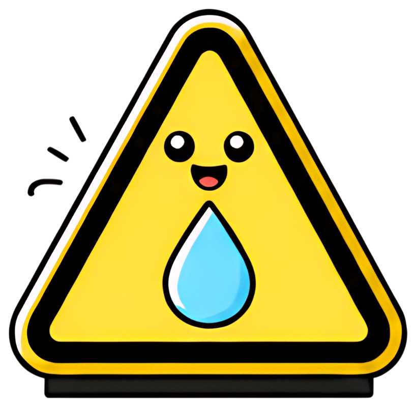 A cheerful yellow warning triangle sign features a smiling face and a blue water droplet icon at its center. The design is outlined in black, giving it a bold appearance with playful elements.