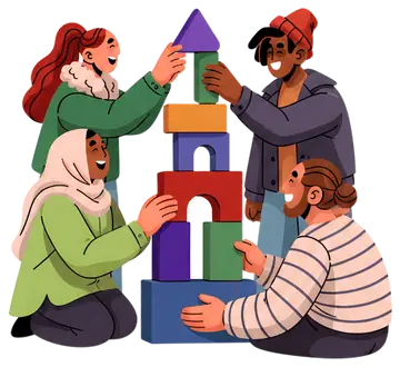 Multicultural Group Building a Colorful Tower