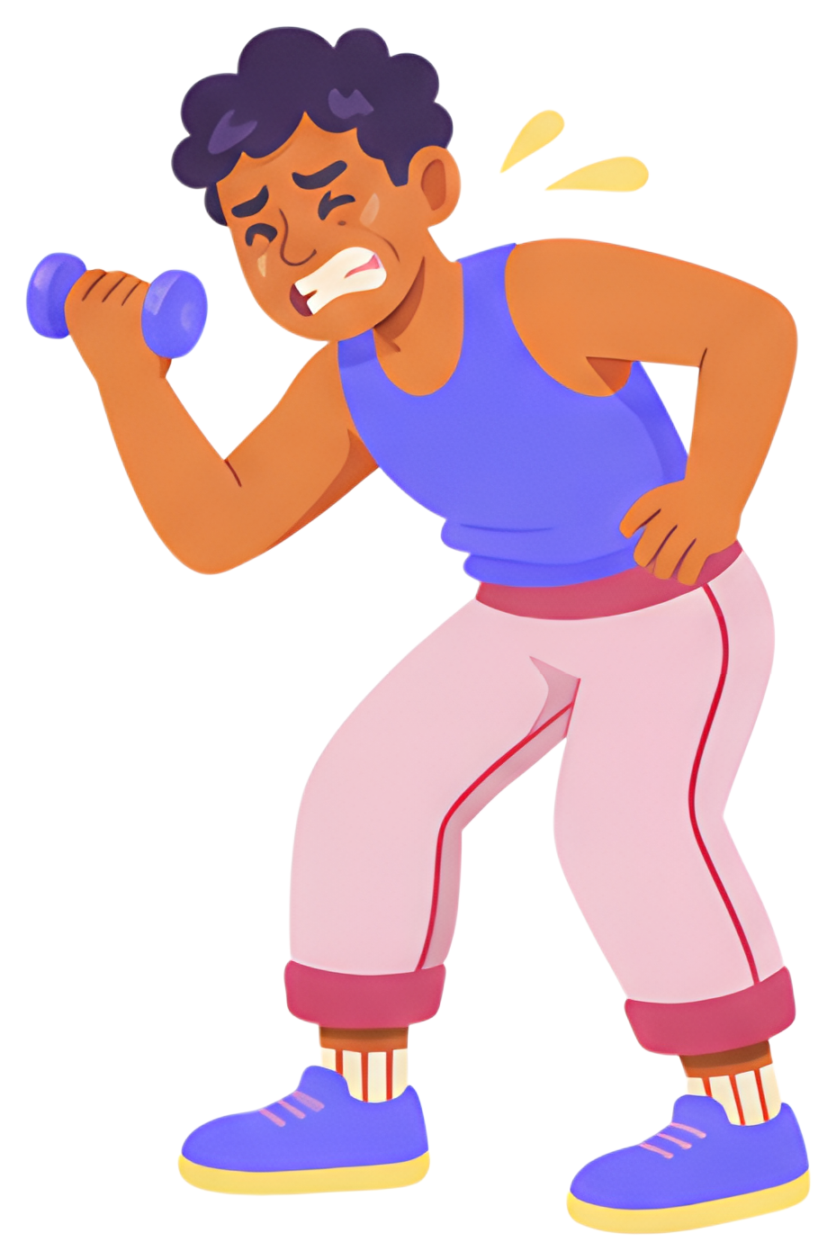 A weightlifter grimaces while trying to lift a small blue dumbbell, showing visible strain. He is wearing a purple tank top and pink pants with red stripes, standing on a bright surface with a playful