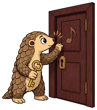 Pangolin knocking on a wooden door