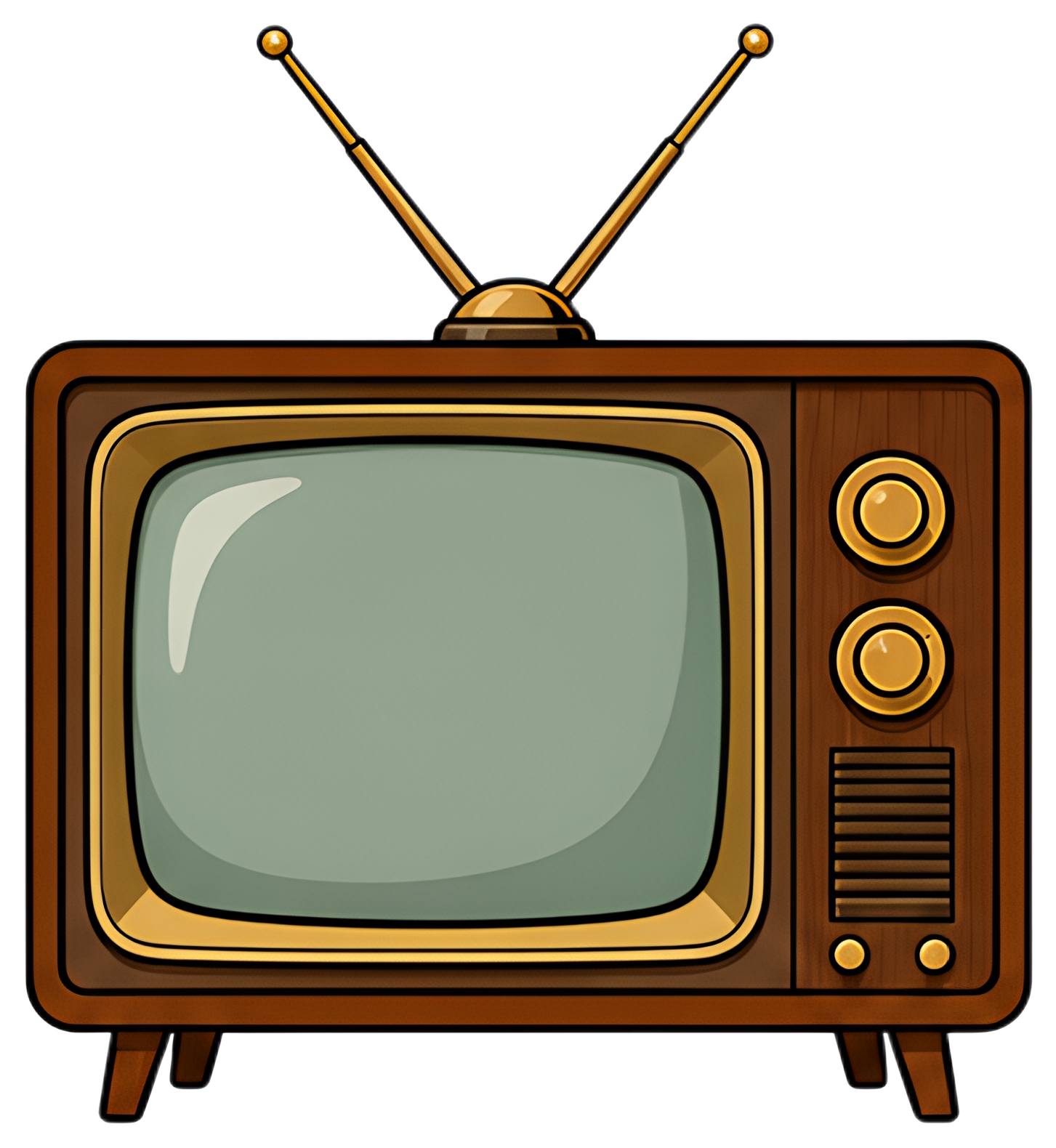 A vintage television featuring a rounded screen and extendable antennas on top. The wooden casing is adorned with gold accents, and control knobs in a matching golden hue give it a classic retro look.