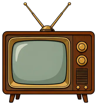 A vintage television featuring a rounded screen and extendable antennas on top. The wooden casing is adorned with gold accents, and control knobs in a matching golden hue give it a classic retro look.