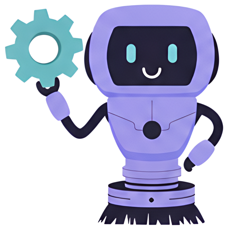 A friendly robot with a purple body and a black face is smiling while holding a teal gear. The robot has a playful expression, complemented by its rounded features and small hands.