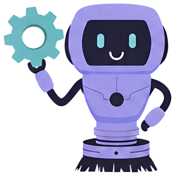 Smiling robot holding a gear