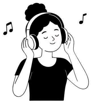 A young character with headphones enjoys music, showcasing a relaxed expression. The illustration features a clean white outline against a transparent background, with musical notes depicted around. A