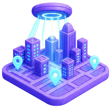 3D Purple City Map with Search Beams