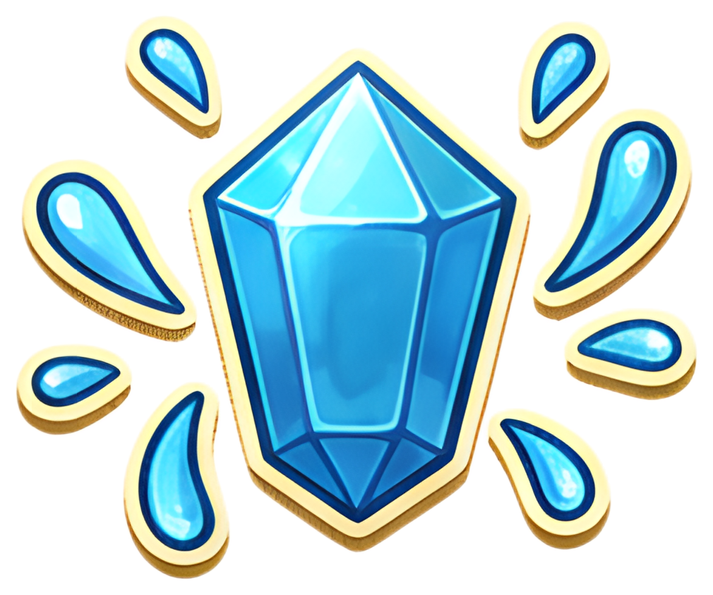 A vibrant blue crystal symbol with a glossy finish, surrounded by droplets resembling mana sparks. The crystal features sharp facets that catch light, enhancing its magical appearance. The droplets, a