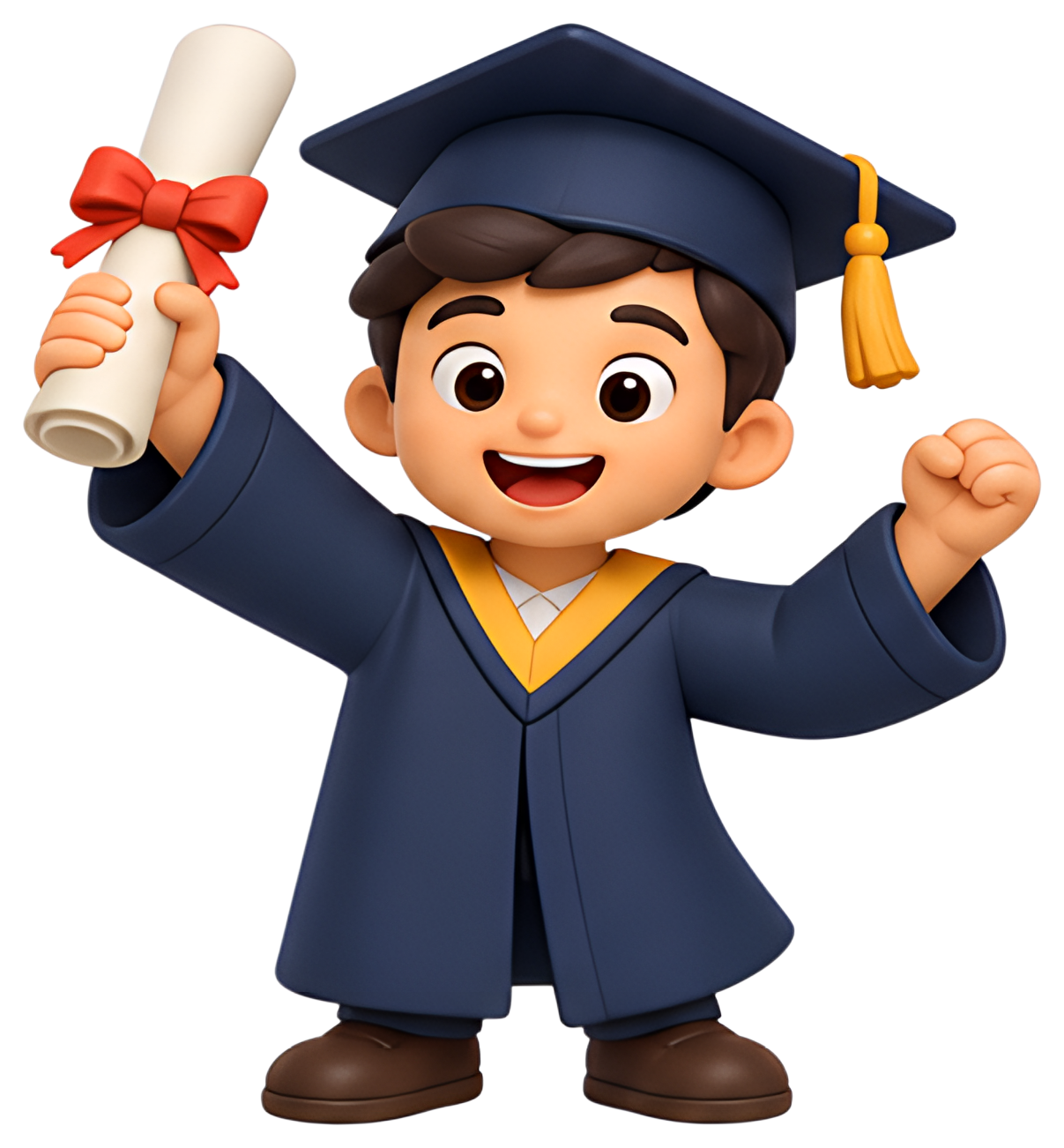 A cheerful young boy in a graduation cap and gown triumphantly holds up a diploma with a red ribbon. His outfit features blue and yellow accents, emphasizing his excitement and success in graduation.