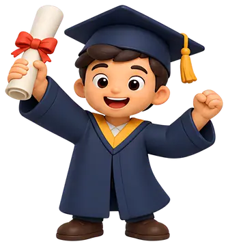 A cheerful young boy in a graduation cap and gown triumphantly holds up a diploma with a red ribbon. His outfit features blue and yellow accents, emphasizing his excitement and success in graduation.