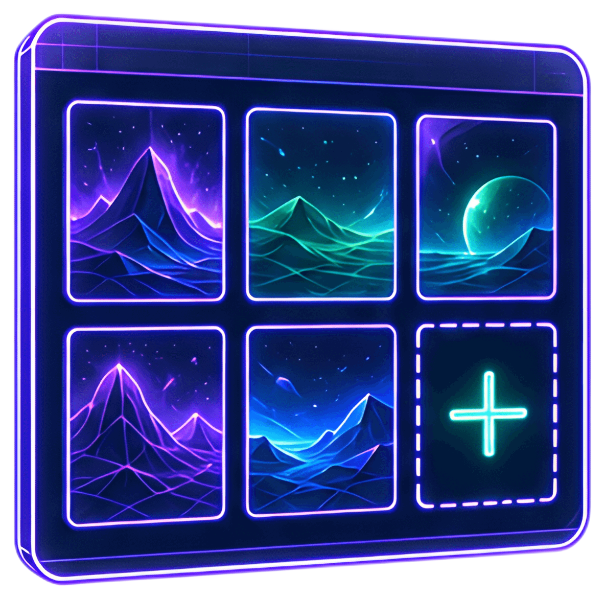 Vibrant thumbnail grid with plus icon