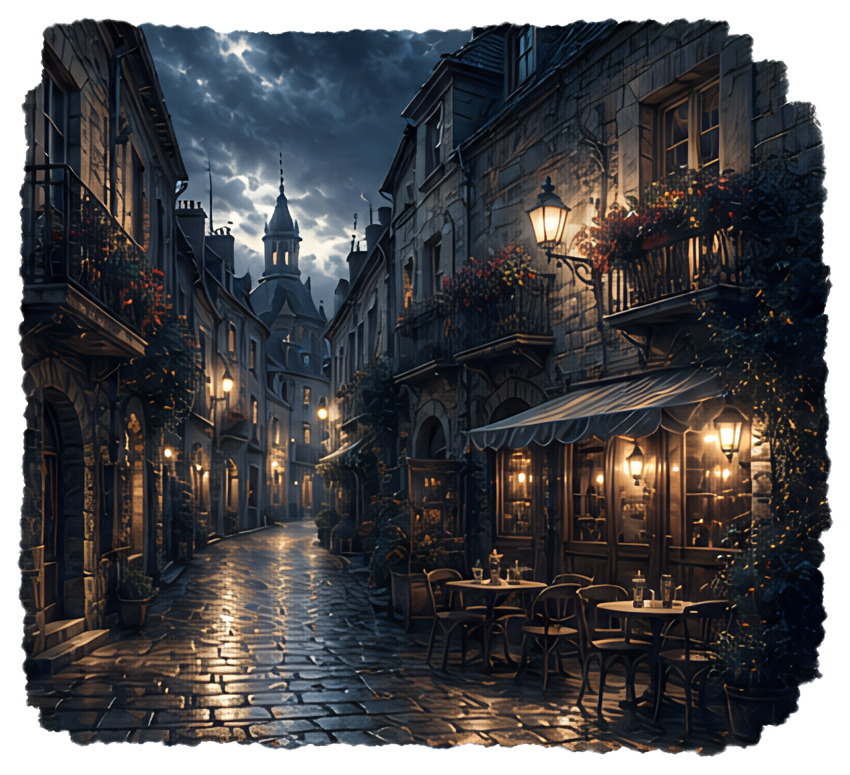 A narrow cobblestone street in a medieval European town, illuminated by vintage street lamps. Flower-adorned balconies overlook a quaint café with outdoor seating, surrounded by soft, warm light under