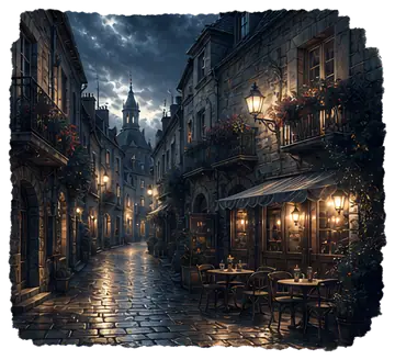 A narrow cobblestone street in a medieval European town, illuminated by vintage street lamps. Flower-adorned balconies overlook a quaint café with outdoor seating, surrounded by soft, warm light under