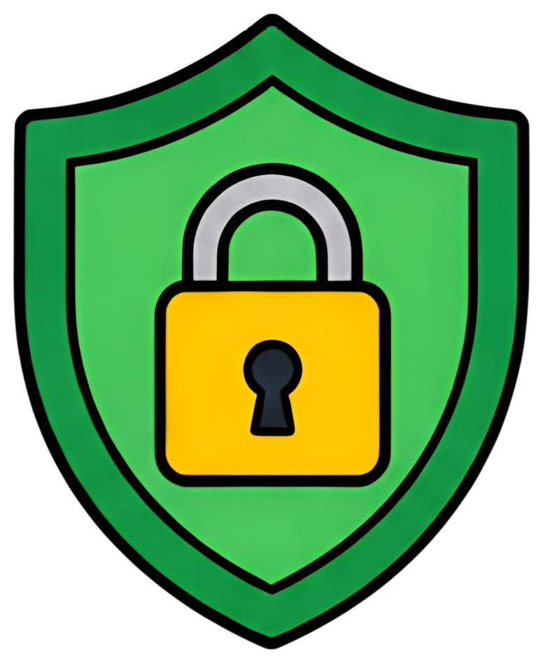 A shield-shaped icon featuring a yellow padlock at its center, set against a vibrant green shield background. The padlock has a black keyhole, adding a striking contrast to the design.