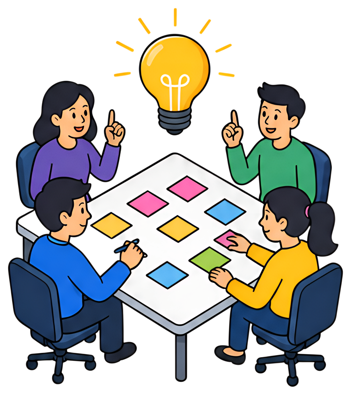 A lively brainstorming session features four people gathered around a table covered with colorful sticky notes. Above them, a glowing lightbulb symbolizes bright ideas, while the participants express意
