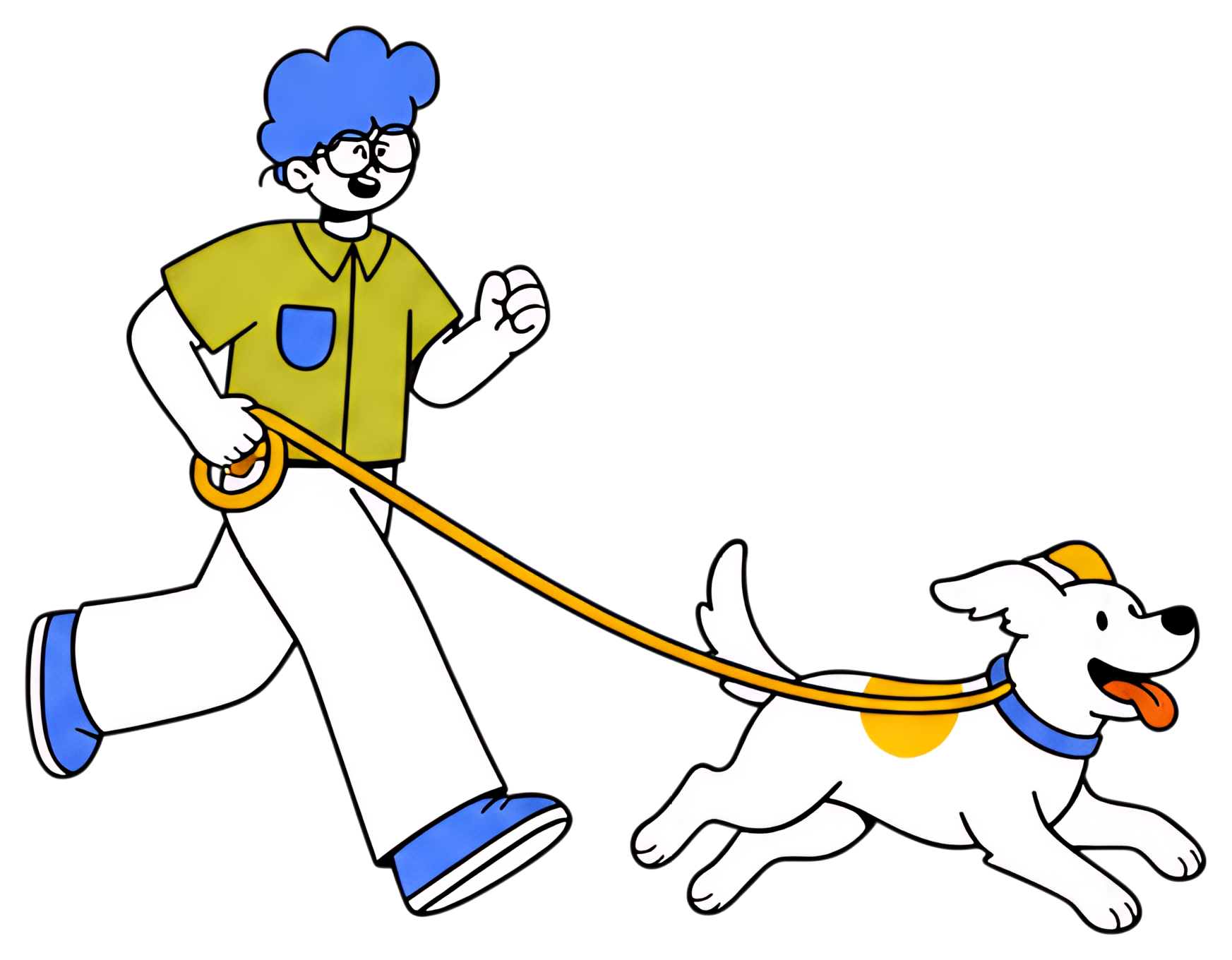 A person with blue curly hair is jogging energetically while holding a leash attached to a playful white dog running beside them. The person wears a green shirt with a blue pocket, white pants, and is