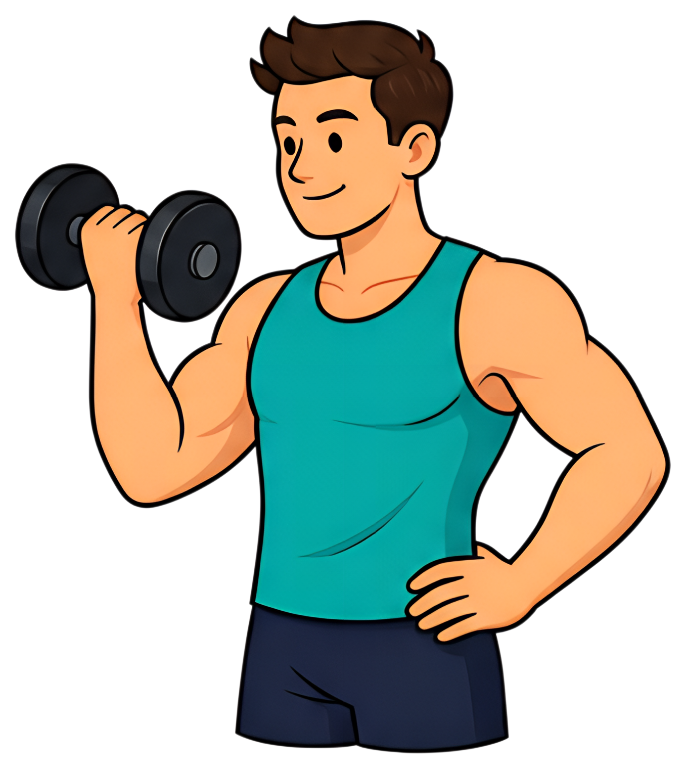 A muscular man is lifting a dumbbell in one hand while standing confidently. He wears a teal tank top and dark shorts, showcasing his sculpted arms, with a slight smile on his face, emphasizing a gym-