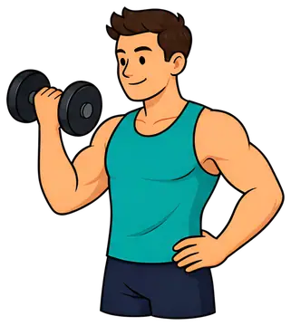 A muscular man is lifting a dumbbell in one hand while standing confidently. He wears a teal tank top and dark shorts, showcasing his sculpted arms, with a slight smile on his face, emphasizing a gym-