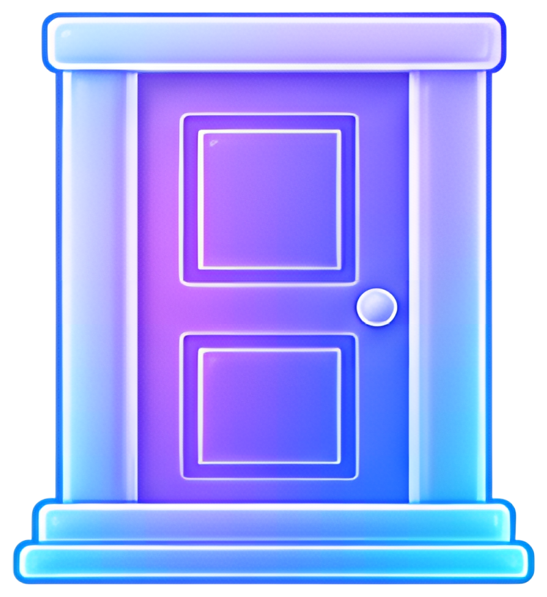 A stylized door entrance in shades of purple and teal. The door features a minimal design with a simple knob and is set against a softly illuminated background, creating a vibrant and modern look.