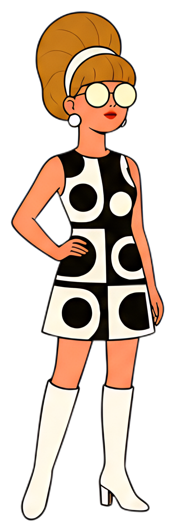 A girl in a 1960s style featuring a beehive hairstyle, wearing a geometric patterned mini dress in black and white, complemented by knee-high white boots. Her accessories include round glasses and a b