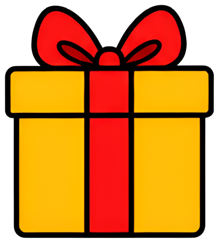 A bright yellow gift box adorned with a bold red ribbon and bow on top. The design is simple with clear black outlines, emphasizing the cheerful appearance.