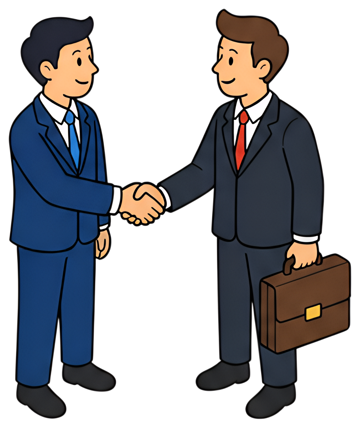 Two individuals dressed in business attire shake hands, symbolizing a partnership deal. One man is wearing a blue suit and the other a black suit, with one carrying a brown briefcase. The friendly and