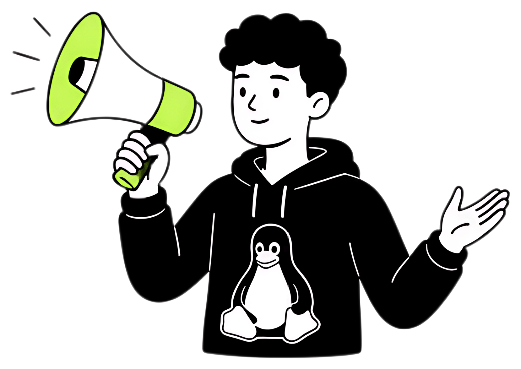 A cheerful developer holds a green megaphone in one hand while gesturing with the other. He wears a black hoodie featuring the Linux penguin logo, set against a simple white and black color palette.
