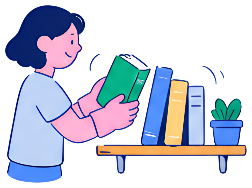A person with short, dark hair is holding a green book in pink gloves while organizing several neatly arranged books on a wooden shelf. A small potted plant adds a touch of greenery beside the books,