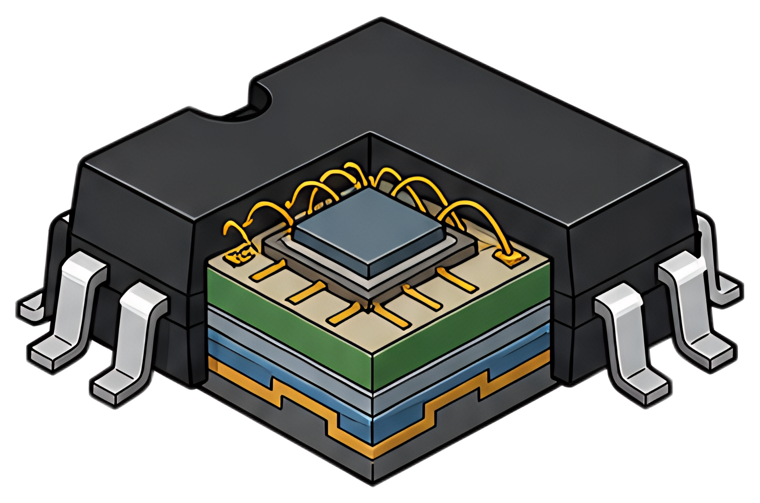 A detailed illustration of a microchip with a cross-section view, showcasing layers of silicon and connecting tracks. The chip features various colors including black, green, blue, and yellow wires, 3