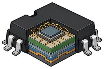 A detailed illustration of a microchip with a cross-section view, showcasing layers of silicon and connecting tracks. The chip features various colors including black, green, blue, and yellow wires, 3