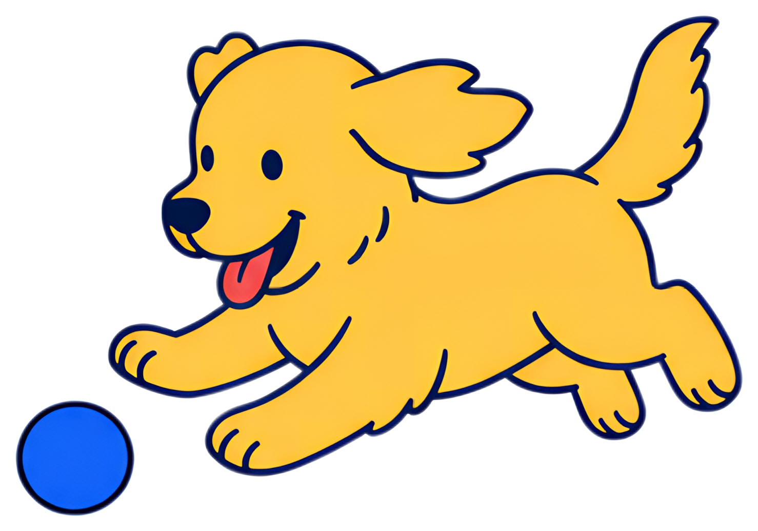 A cheerful golden retriever puppy is energetically chasing a blue ball with its ears flapping in the wind. The puppy's bright yellow fur contrasts with the vibrant blue ball, creating a lively scene.